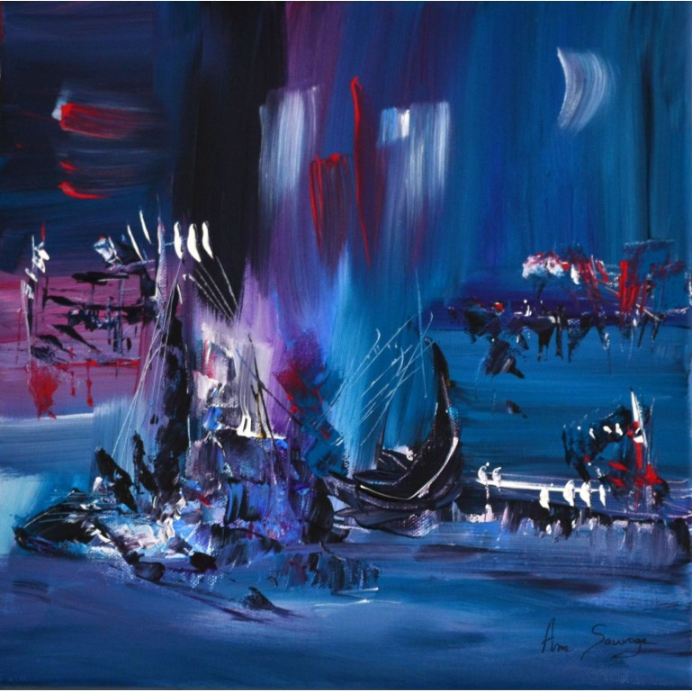 Tableau abstrait bleu bateaux