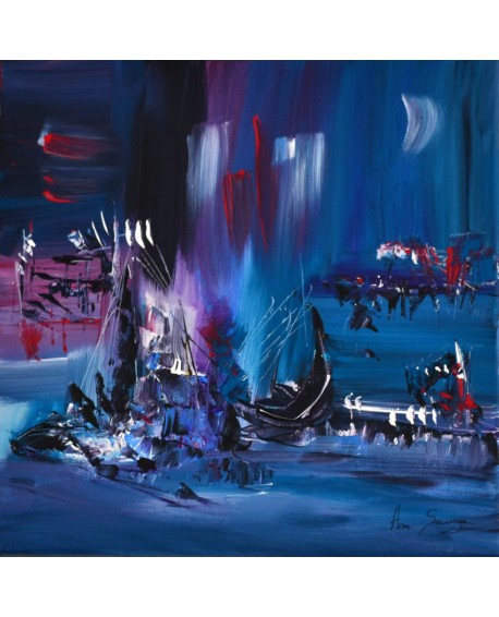 Tableau abstrait bleu bateaux