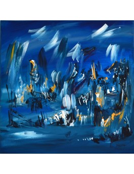 L'or illumine la nuit - Tableau abstrait bleu
