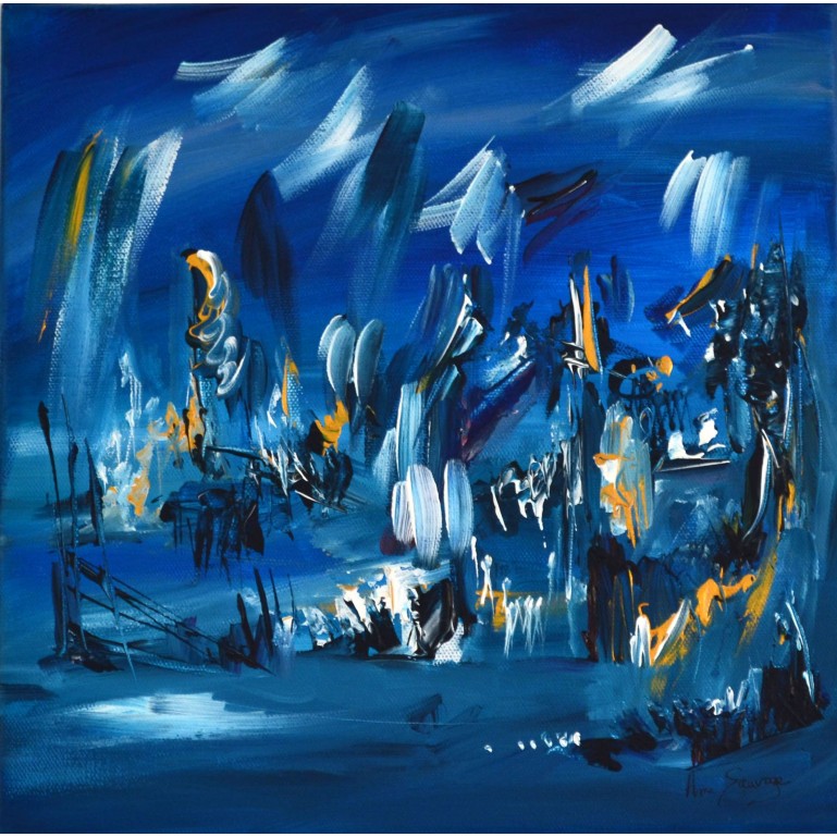 L'or illumine la nuit - Tableau abstrait bleu