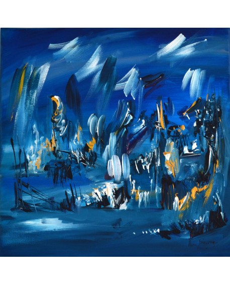 L'or illumine la nuit - Tableau abstrait bleu