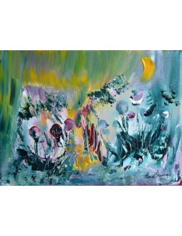 Petit tableau abstrait vert bleu rose jaune les fleurs sucettes