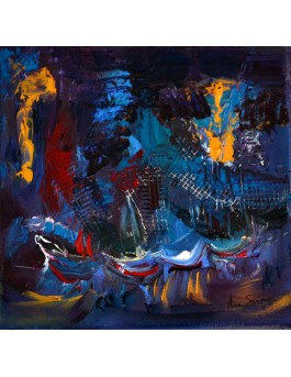 Tableau abstrait bleu bateaux