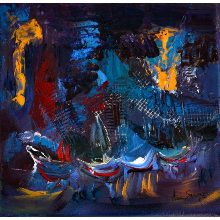 Tableau abstrait bleu bateaux