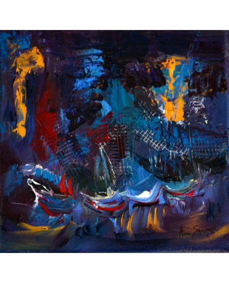 Tableau abstrait bleu bateaux