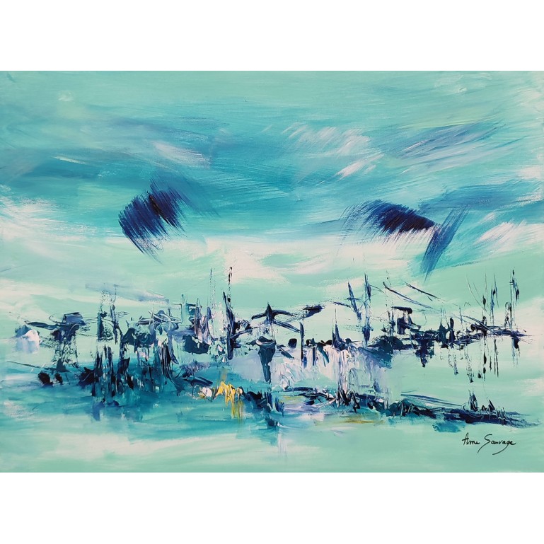 tableau abstrait bleu et vert d'eau