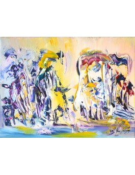 Peinture abstraite sur toile jaune et mauve