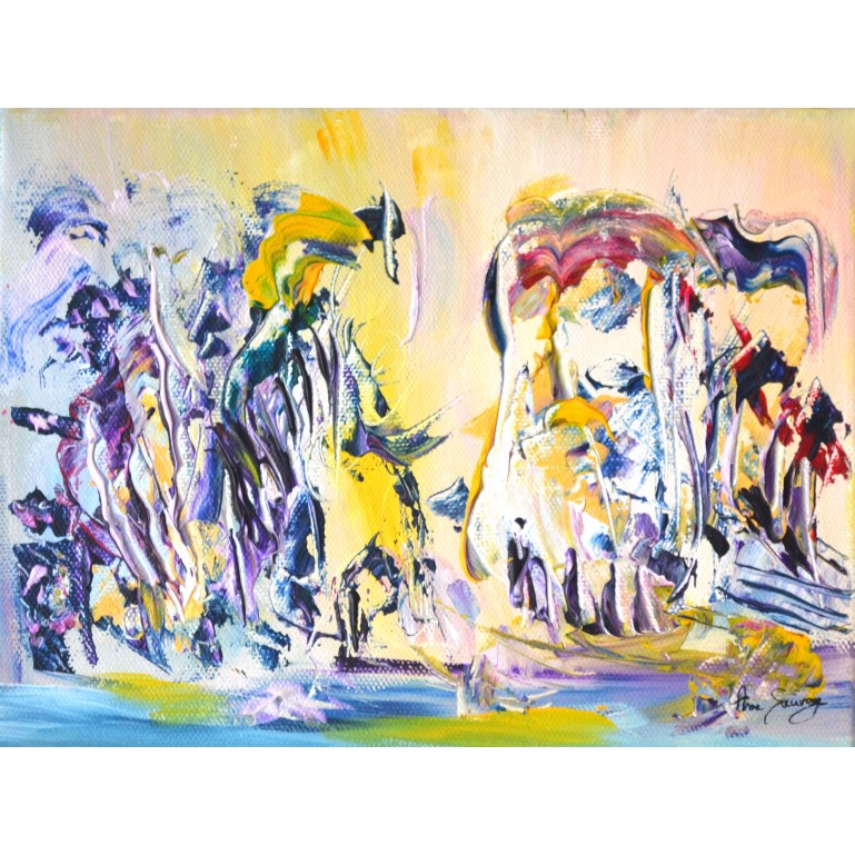 Peinture abstraite sur toile jaune et mauve