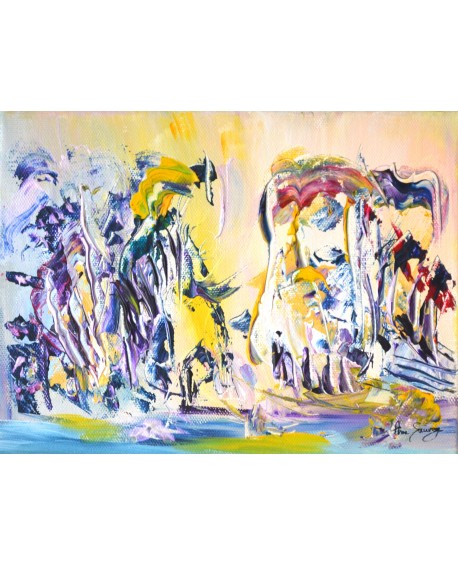 Peinture abstraite sur toile jaune et mauve