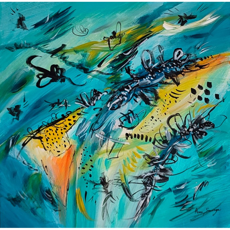 tableau abstrait bleu jaune original