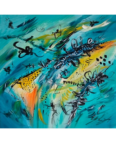tableau abstrait bleu jaune original
