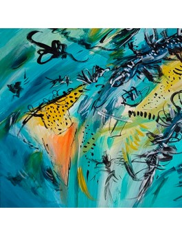 tableau abstrait bleu et jaune