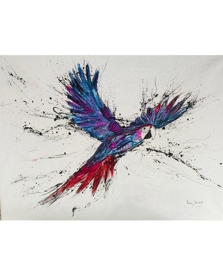Le vol de l'oiseau bleu - tableau abstrait perroquet