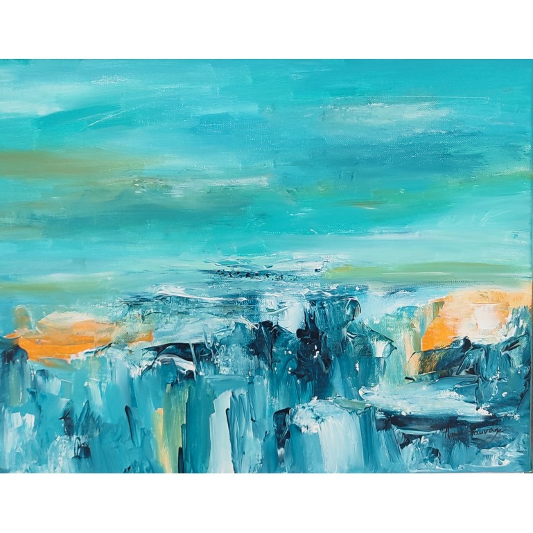 tableau abstrait jaune bleu moderne