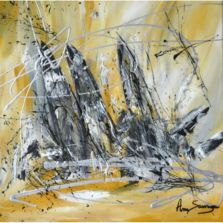 peinture abstraite voiliers en mer jaune gris