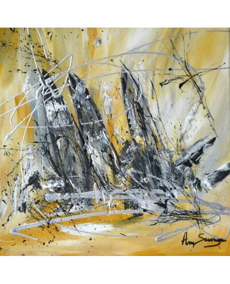 peinture abstraite voiliers en mer jaune gris