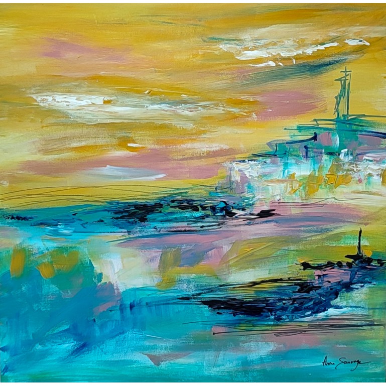 tableau abstrait bleu jaune rose