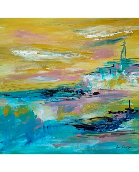 tableau abstrait bleu jaune rose