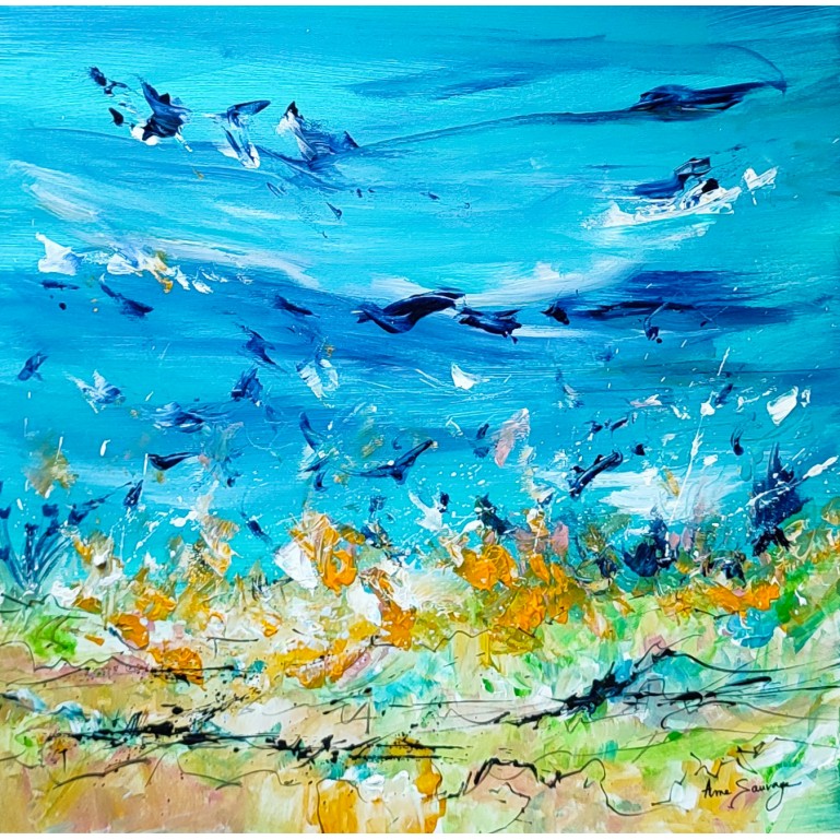 tableau abstrait bleu jaune acrylique