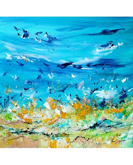 tableau abstrait bleu jaune acrylique