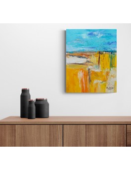 tableau abstrait bleu jaune sable matière textures