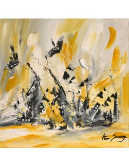 Tableau abstrait jaune moutarde gris blanc
