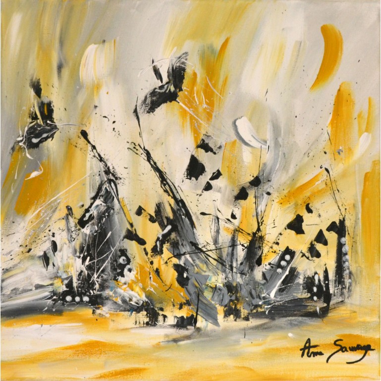 Tableau abstrait jaune moutarde gris blanc