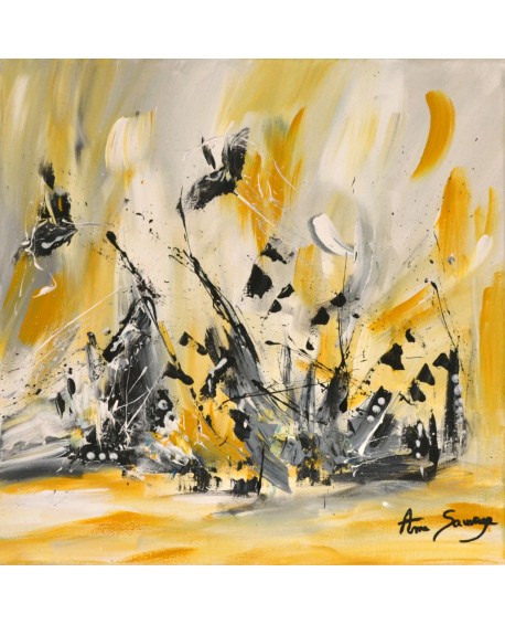 Tableau abstrait jaune moutarde gris blanc