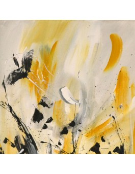Tableau abstrait jaune moutarde gris blanc