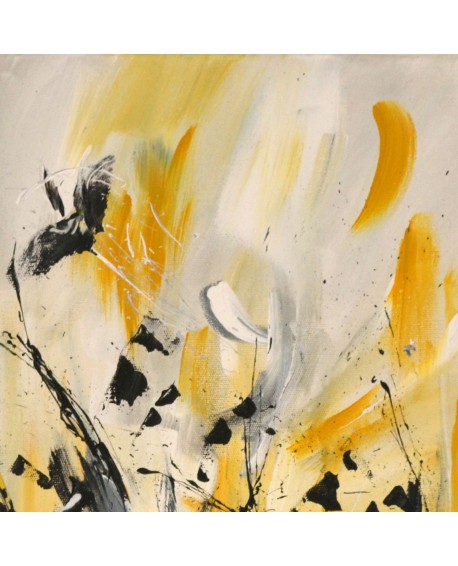 Tableau abstrait jaune moutarde gris blanc