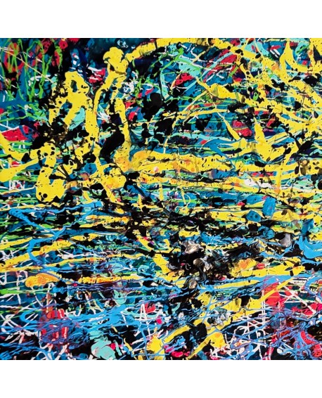 tableau abstrait reliefs matière design bleu jaune rouge