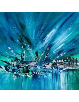 tableau abstrait bleu vert argent