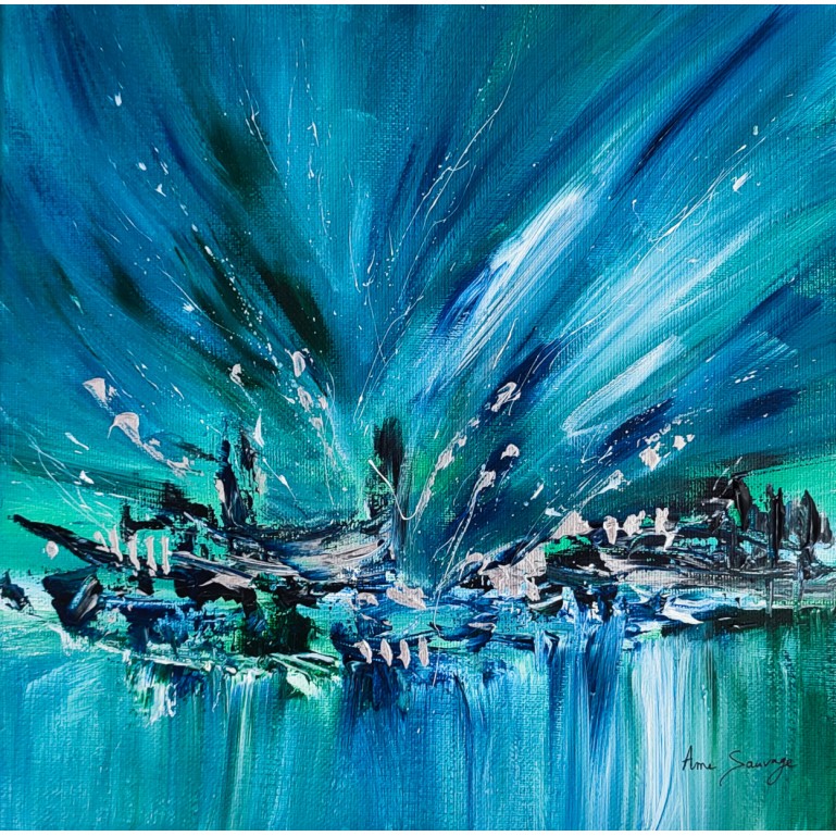 tableau abstrait bleu vert argent