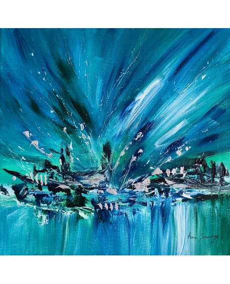 tableau abstrait bleu vert argent