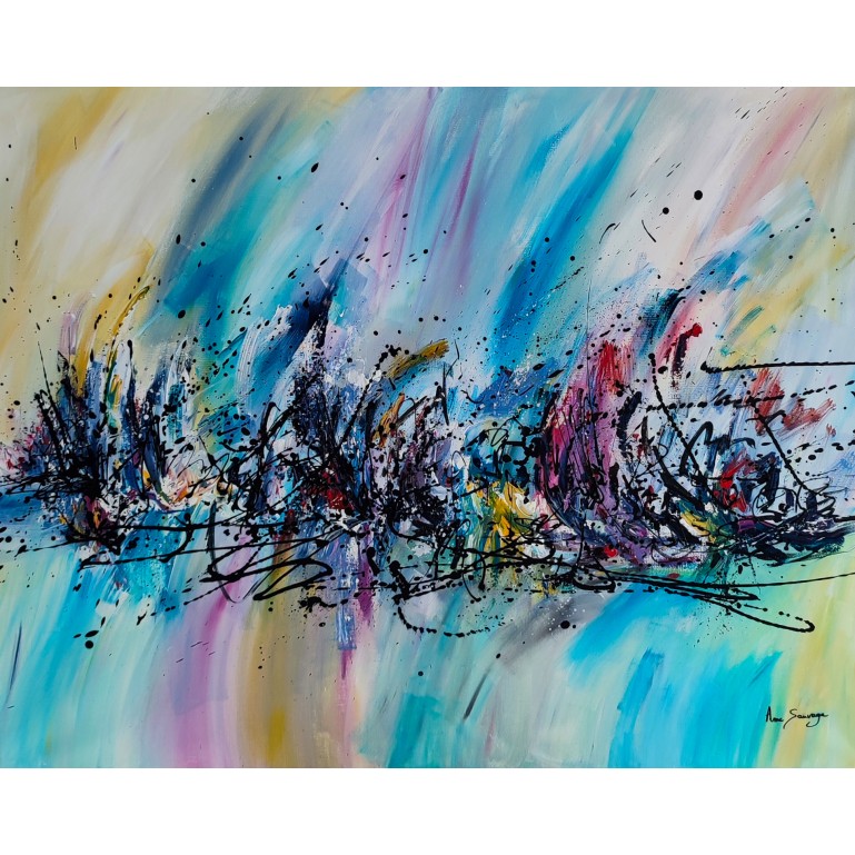 grand tableau abstrait bleu jaune colore moderne