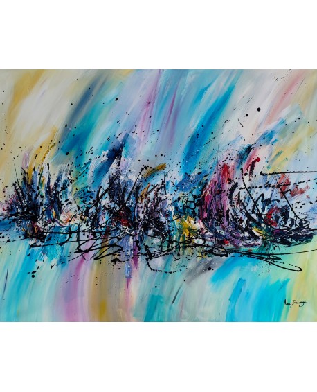 grand tableau abstrait bleu jaune colore moderne