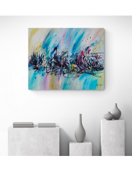 grand tableau abstrait bleu jaune coloré