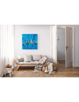tableau abstrait bleu et feuilles d'or