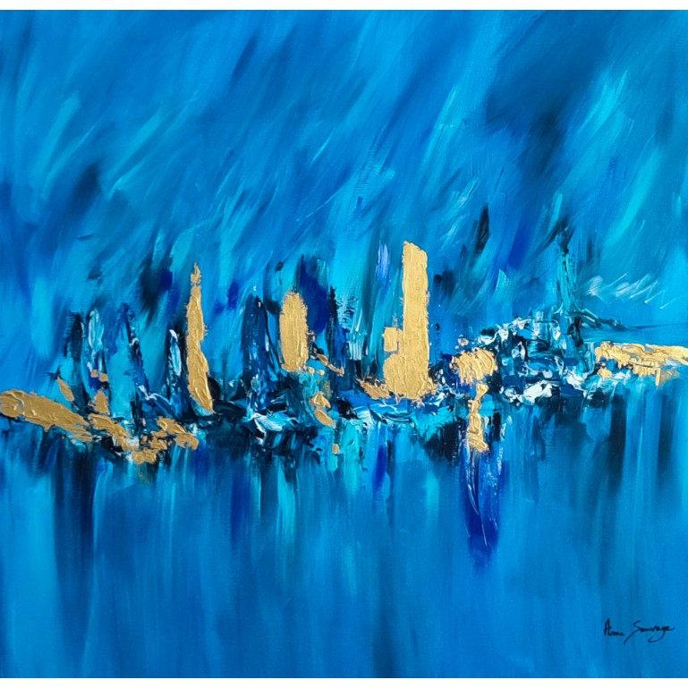 tableau abstrait bleu et or