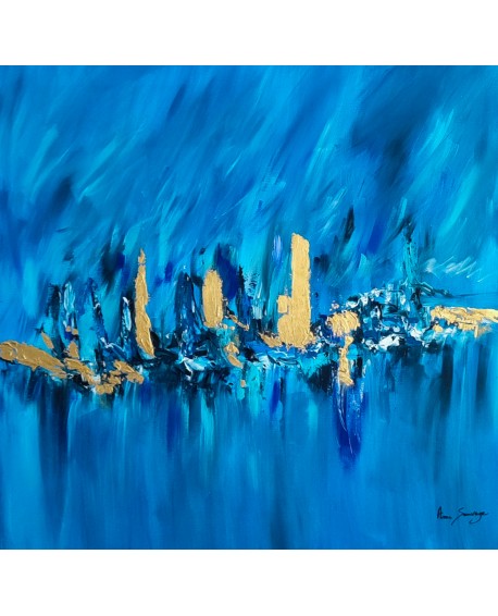 tableau abstrait bleu et or