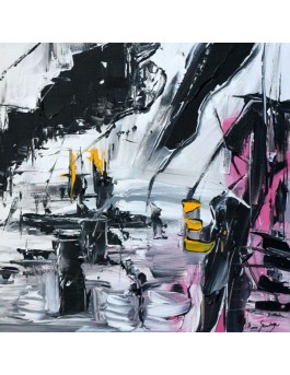 tableau noir blanc gris rose et jaune