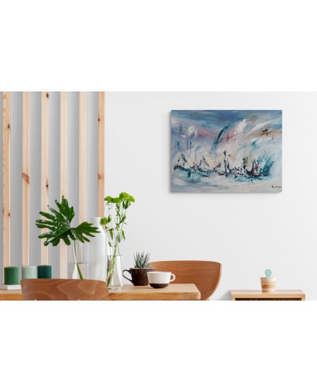 peinture abstraite sur toile bleu bateaux