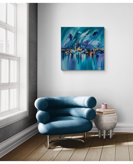 grand tableau abstrait bleu or luxe