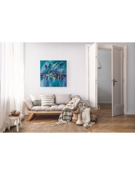 grand tableau abstrait bleu et feuilles d'or