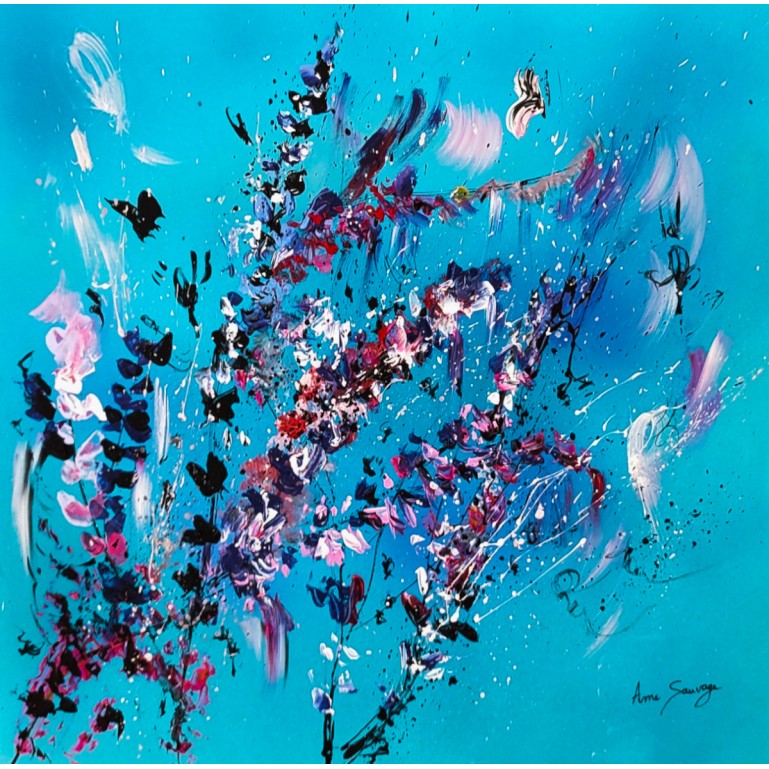 tableau abstrait bleu floral plantes