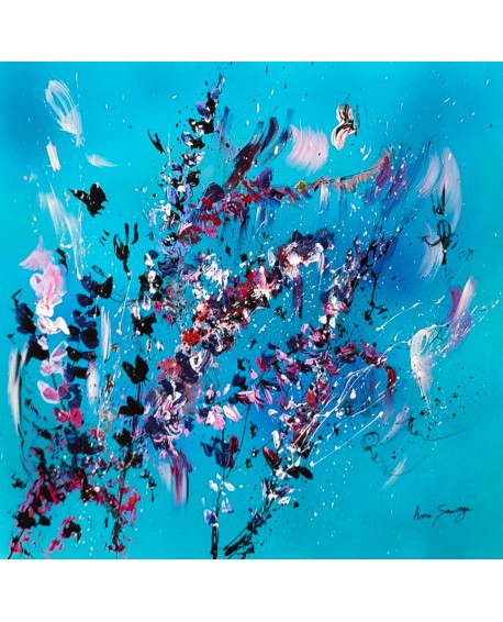 tableau abstrait bleu floral plantes