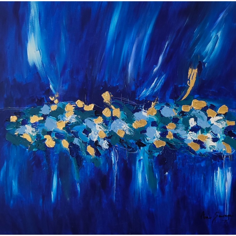 tableau abstrait bleu et or véritable