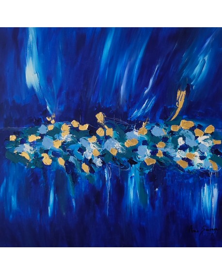 tableau abstrait bleu et or véritable