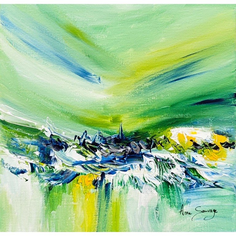 tableau abstrait vert jaune acrylique