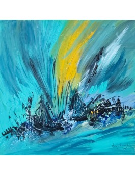 tableau abstrait bleu jaune bateaux